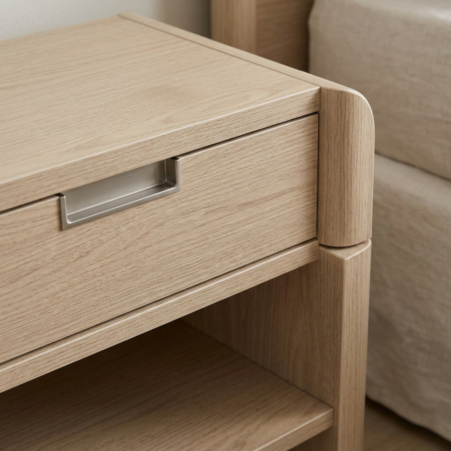 Grwnk Archline Rounded Nightstand 1 Drawer Open Shelf 23 in Sand - Detail view