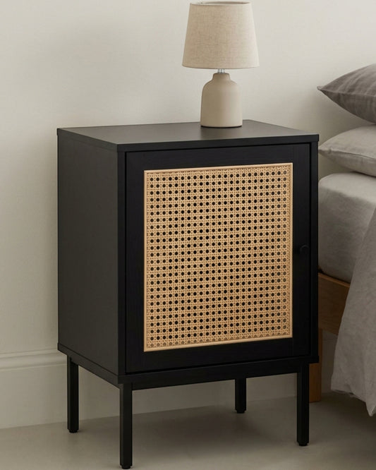 Grwnk Caneweave Bedside Cabinet 1 Door 26 in Natural Black - Lifestyle view