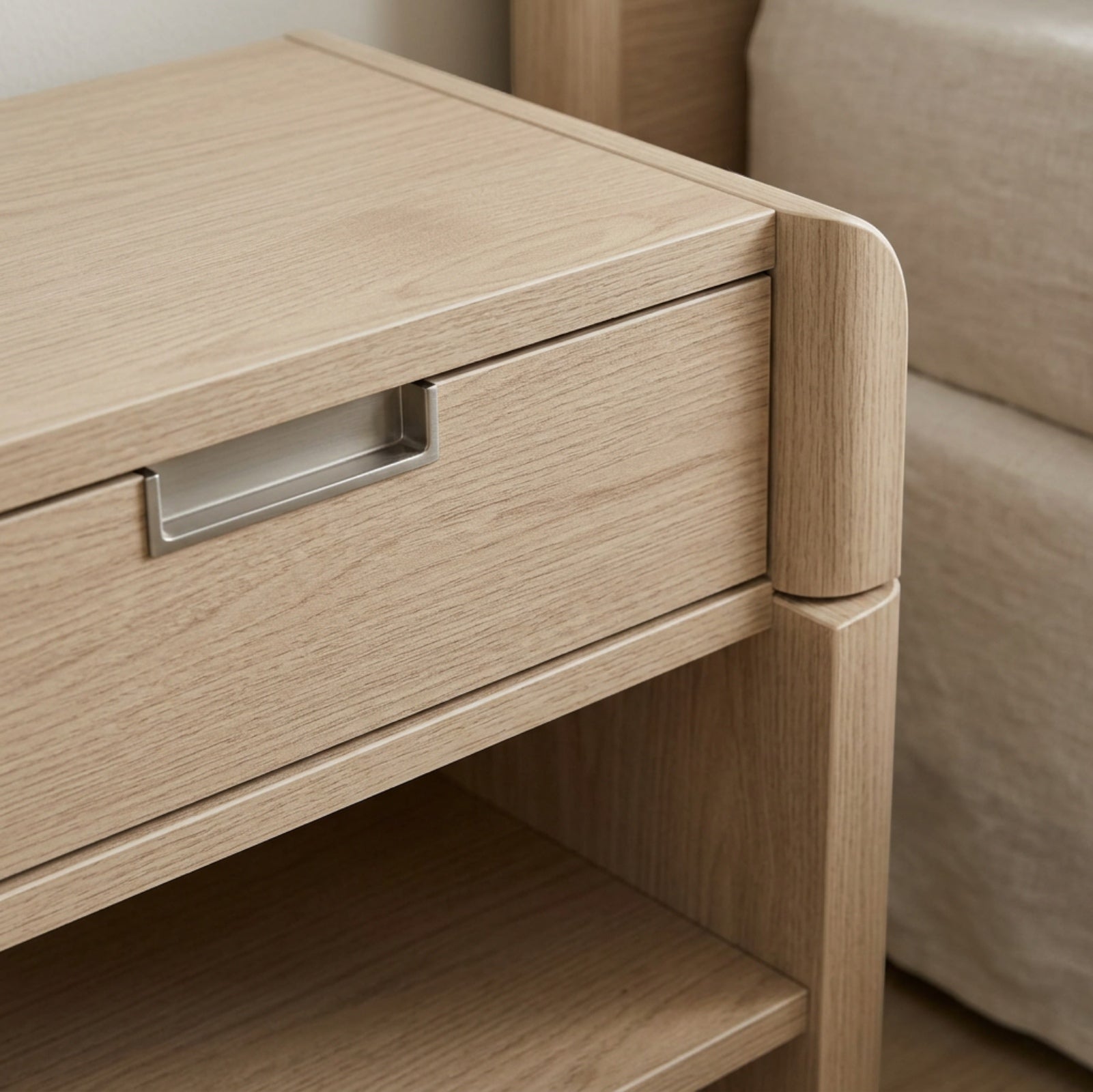 Grwnk Archline Rounded Nightstand 1 Drawer Open Shelf 23 in Sand - Detail view