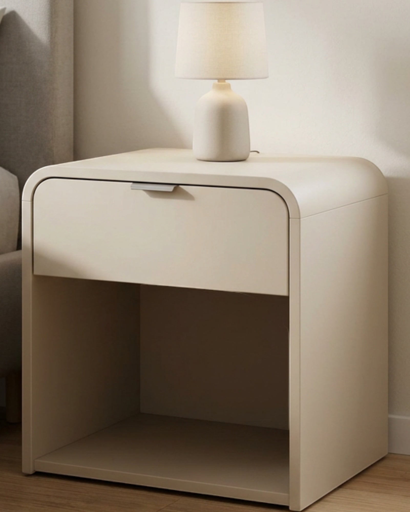Grwnk Archline Rounded Nightstand 1 Drawer Open Shelf 23 in Sand - Lifestyle view