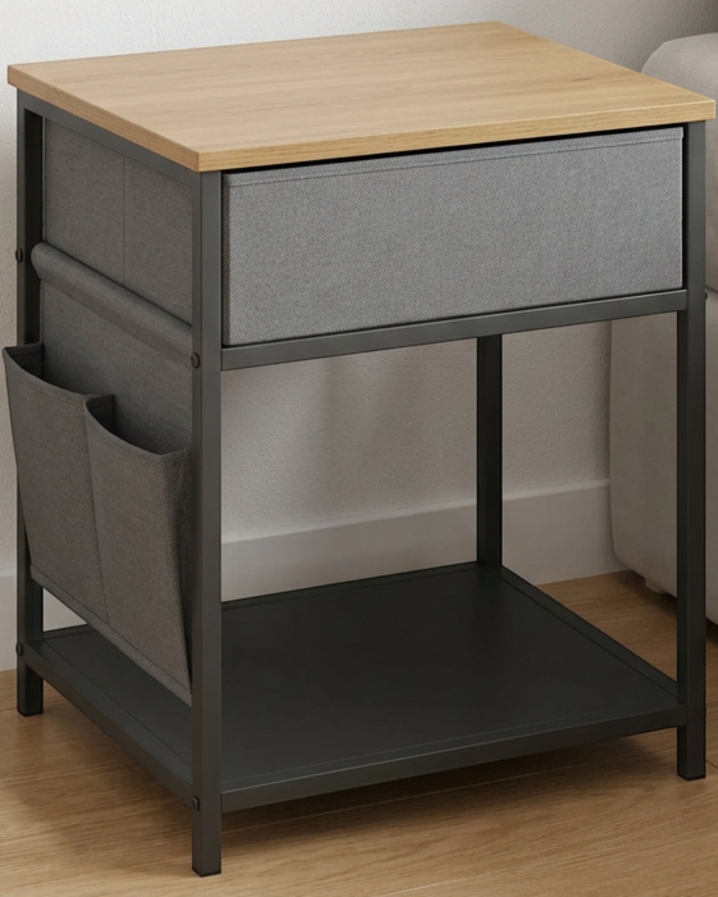 Grwnk Fabric Drawer Side Sling Bedside Table Charcoal - Lifestyle view