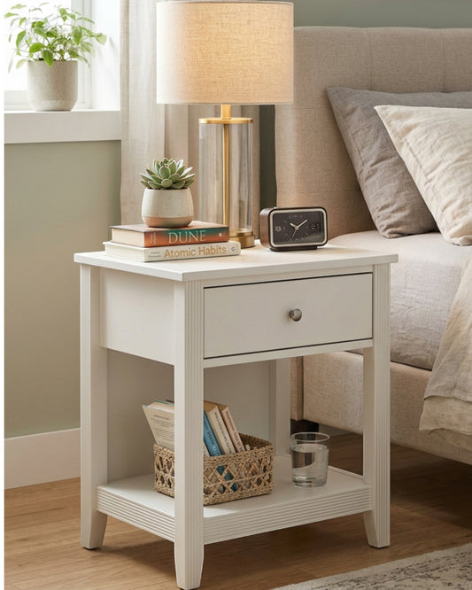 Grwnk White Bedside Table Open Shelf 22 in